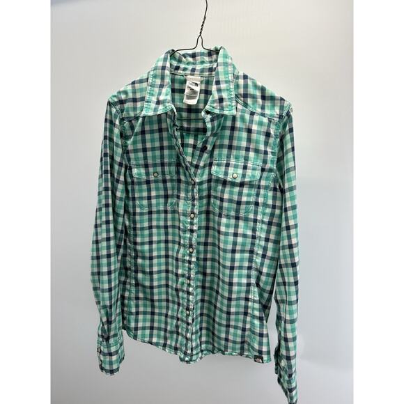 The North Face Women M Green Plaid Long Sleeve Pearl Button Down Outdoors - Picture 1 of 7